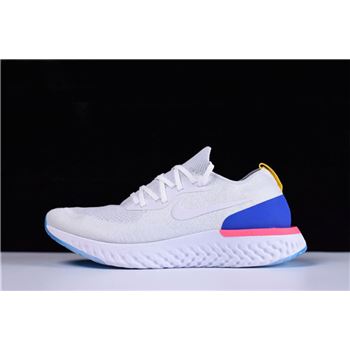 Men's and Women's Nike Epic React Flyknit White/Racer Blue/Pink Blast AQ0067-101